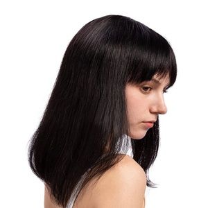 100% human hair 14” Straight Bob Wigs with Bangs, Black Natural, No lace
